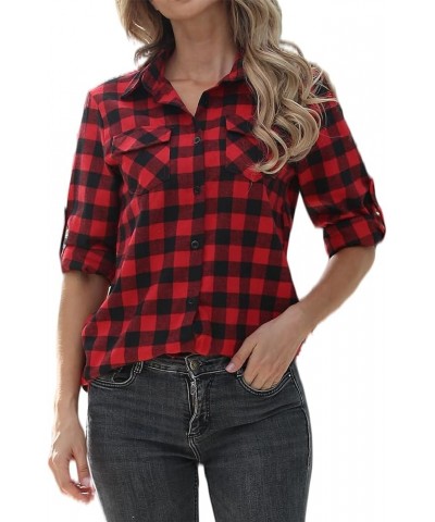 Womens Casual Cuffed Long Sleeve Boyfriend Button Down Plaid Flannel Shirt Tops Red $14.35 Blouses