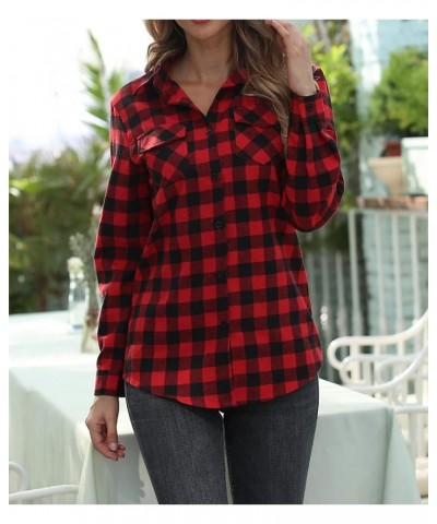 Womens Casual Cuffed Long Sleeve Boyfriend Button Down Plaid Flannel Shirt Tops Red $14.35 Blouses