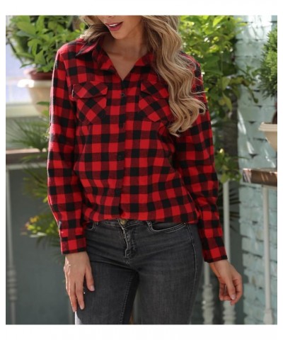 Womens Casual Cuffed Long Sleeve Boyfriend Button Down Plaid Flannel Shirt Tops Red $14.35 Blouses