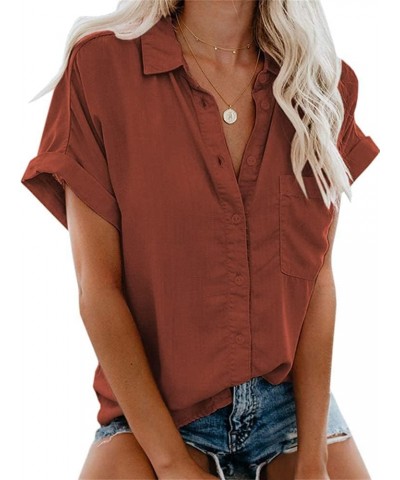 Womens Casual Short Sleeve Button Down Shirts Summer Cotton Plain Top Blouses with Pockets Brick Red $13.94 Blouses