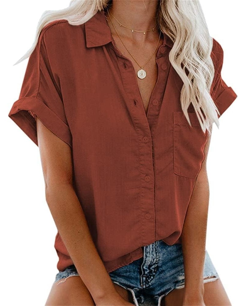 Womens Casual Short Sleeve Button Down Shirts Summer Cotton Plain Top Blouses with Pockets Brick Red $13.94 Blouses