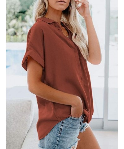 Womens Casual Short Sleeve Button Down Shirts Summer Cotton Plain Top Blouses with Pockets Brick Red $13.94 Blouses