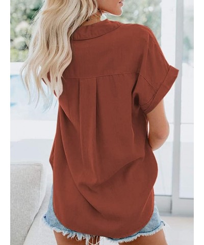 Womens Casual Short Sleeve Button Down Shirts Summer Cotton Plain Top Blouses with Pockets Brick Red $13.94 Blouses