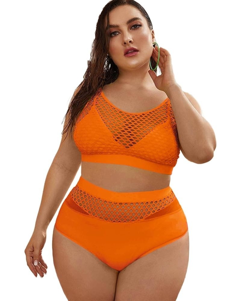 Women's Plus Size Bathing Suit Fishnet High Waist Bikini Set Rave Outfit Orange Net $15.00 Swimsuits