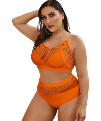 Women's Plus Size Bathing Suit Fishnet High Waist Bikini Set Rave Outfit Orange Net $15.00 Swimsuits