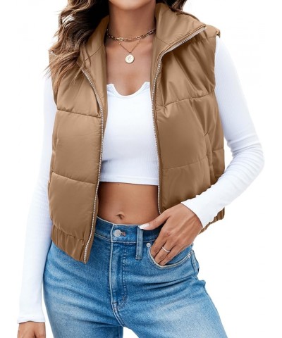 Womens Faux Leather Puffer Vest High Stand Collar Zip Up Sleeveless Winter Cropped Jacket Gilet Khaki $17.84 Vests