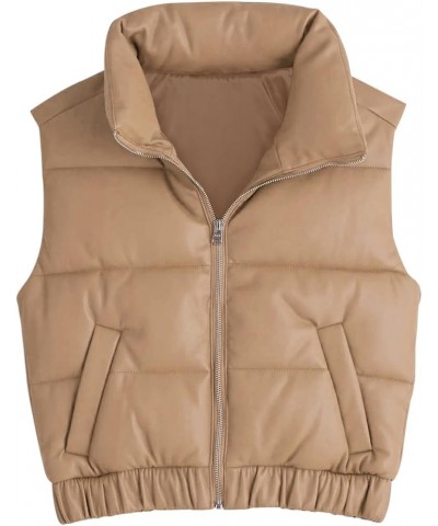 Womens Faux Leather Puffer Vest High Stand Collar Zip Up Sleeveless Winter Cropped Jacket Gilet Khaki $17.84 Vests