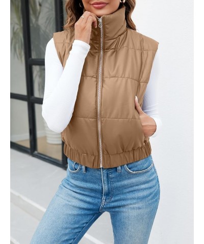 Womens Faux Leather Puffer Vest High Stand Collar Zip Up Sleeveless Winter Cropped Jacket Gilet Khaki $17.84 Vests