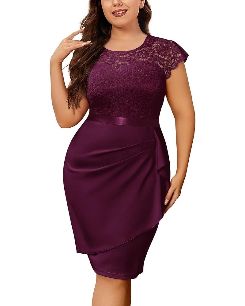 Women's Plus Size Elegant Floral Lace Scoop Neck Cap Sleeve Cocktail Party Dress Burgundy $20.91 Dresses