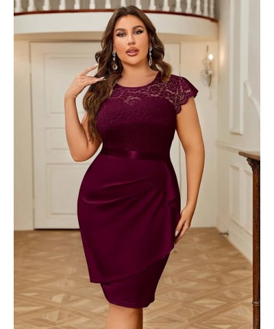 Women's Plus Size Elegant Floral Lace Scoop Neck Cap Sleeve Cocktail Party Dress Burgundy $20.91 Dresses