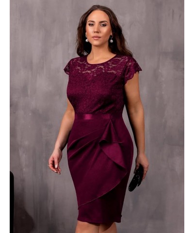 Women's Plus Size Elegant Floral Lace Scoop Neck Cap Sleeve Cocktail Party Dress Burgundy $20.91 Dresses