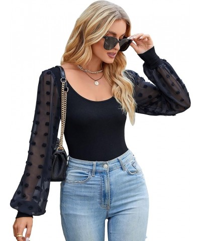 Women's Puff Sleeve Black Bodysuit Short Sleeve Body suit Scoop Neck Slim Fit Basic Jumpsuit Black Long Sleeve $9.50 Bodysuits