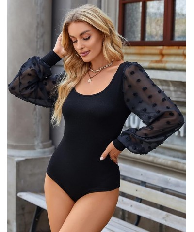 Women's Puff Sleeve Black Bodysuit Short Sleeve Body suit Scoop Neck Slim Fit Basic Jumpsuit Black Long Sleeve $9.50 Bodysuits