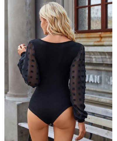 Women's Puff Sleeve Black Bodysuit Short Sleeve Body suit Scoop Neck Slim Fit Basic Jumpsuit Black Long Sleeve $9.50 Bodysuits