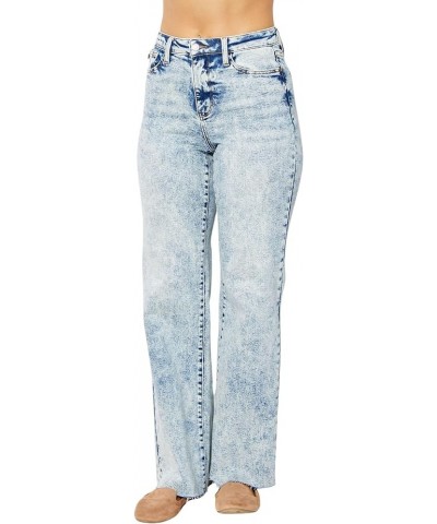 Women's High-Rise Mineral Wash Raw Hem Wide Leg Jeans Light Blue $32.80 Jeans