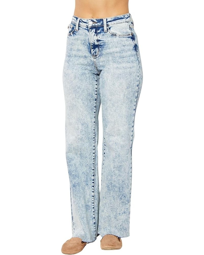 Women's High-Rise Mineral Wash Raw Hem Wide Leg Jeans Light Blue $32.80 Jeans