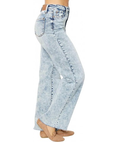 Women's High-Rise Mineral Wash Raw Hem Wide Leg Jeans Light Blue $32.80 Jeans