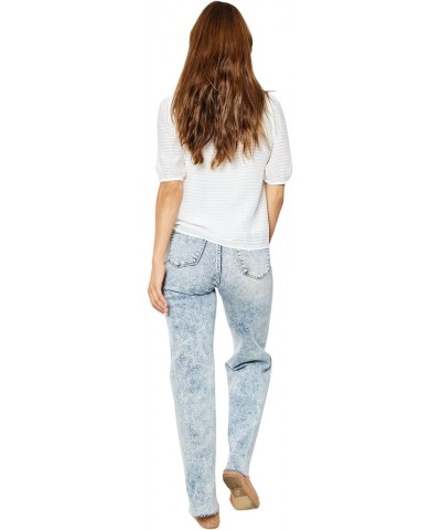 Women's High-Rise Mineral Wash Raw Hem Wide Leg Jeans Light Blue $32.80 Jeans