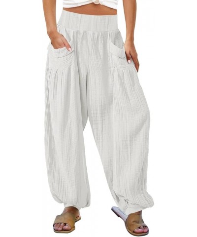 Linen Pants Women Summer Short Womens Casual Elastic Drawstring Pants Straight Trousers with Pockets Cargo Pants X-1z1-white ...