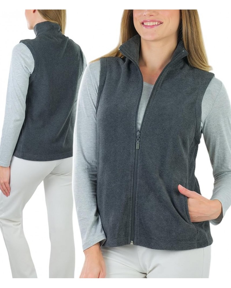 Women's Zip Up High Collar Polar Fleece Jacket Sleeveless Mock Neck Vest - Charcoal Grey $16.77 Jackets