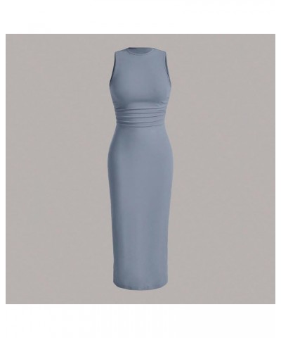 Women's Crewneck Sleeveless High Waist Rib Knit Tank Long Bodycon Dress Dusty Blue $17.84 Dresses