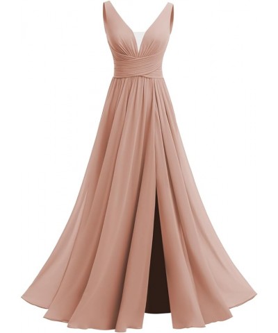 Women's V-Neck Chiffon Bridesmaid Dresses with Slit Long A-line Sleeveless Pleated Formal Party Dresses with Pocket RO110 Dus...