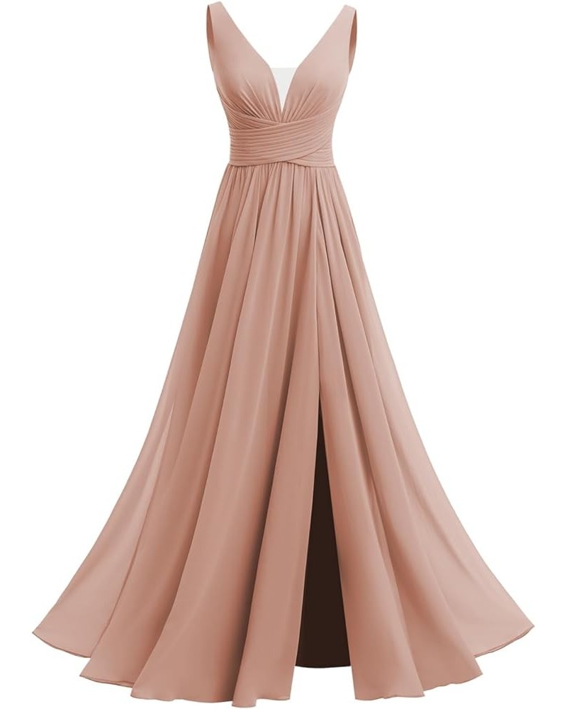 Women's V-Neck Chiffon Bridesmaid Dresses with Slit Long A-line Sleeveless Pleated Formal Party Dresses with Pocket RO110 Dus...