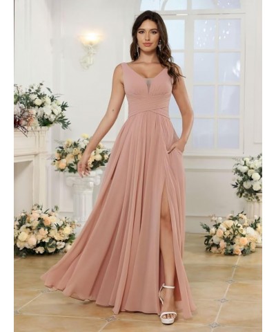 Women's V-Neck Chiffon Bridesmaid Dresses with Slit Long A-line Sleeveless Pleated Formal Party Dresses with Pocket RO110 Dus...