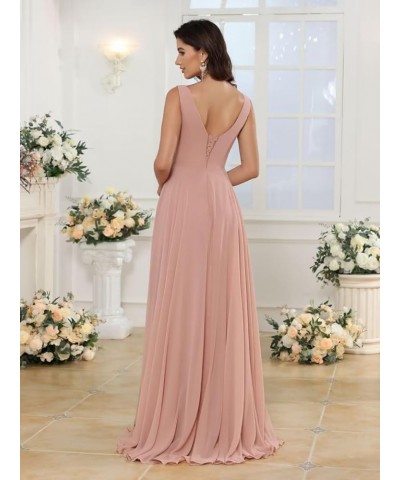 Women's V-Neck Chiffon Bridesmaid Dresses with Slit Long A-line Sleeveless Pleated Formal Party Dresses with Pocket RO110 Dus...