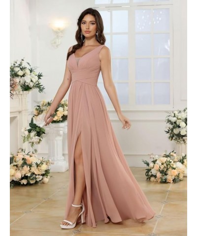 Women's V-Neck Chiffon Bridesmaid Dresses with Slit Long A-line Sleeveless Pleated Formal Party Dresses with Pocket RO110 Dus...