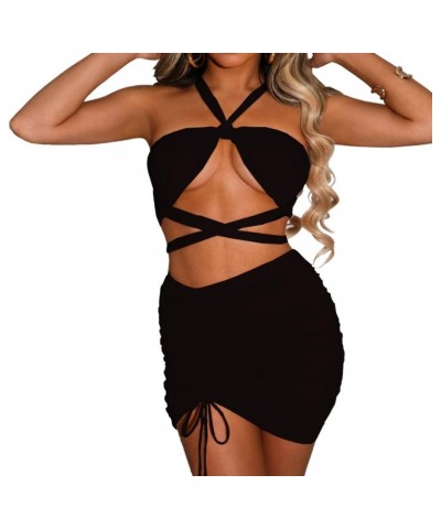 Women's Sexy 2 Piece Skirt Sets Sleeveless Lace Up Halter Neck Tops Drawstring Ruched Mini Skirt Party Outfits Black $14.49 S...