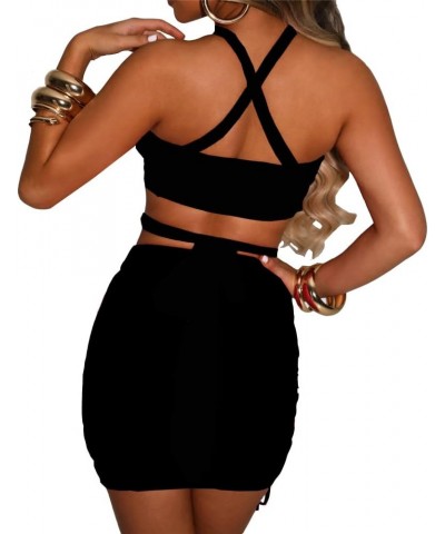 Women's Sexy 2 Piece Skirt Sets Sleeveless Lace Up Halter Neck Tops Drawstring Ruched Mini Skirt Party Outfits Black $14.49 S...