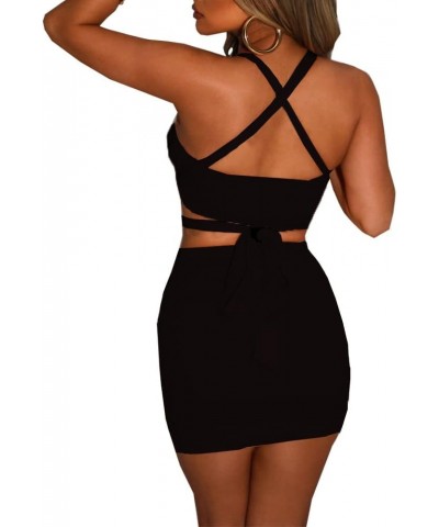 Women's Sexy 2 Piece Skirt Sets Sleeveless Lace Up Halter Neck Tops Drawstring Ruched Mini Skirt Party Outfits Black $14.49 S...