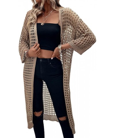 Women's Hollow Out 3/4 Sleeve Open Front Knit Cardigan Long Kimono Khaki $16.81 Sweaters