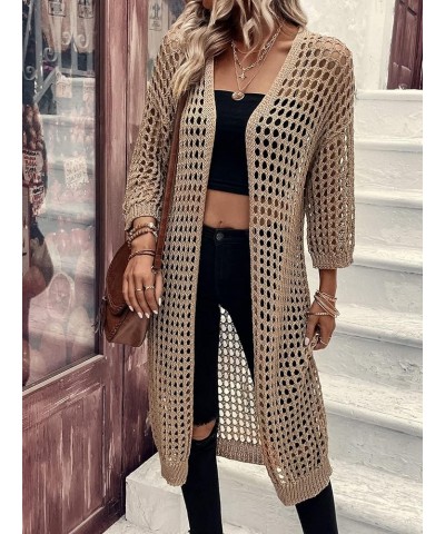 Women's Hollow Out 3/4 Sleeve Open Front Knit Cardigan Long Kimono Khaki $16.81 Sweaters