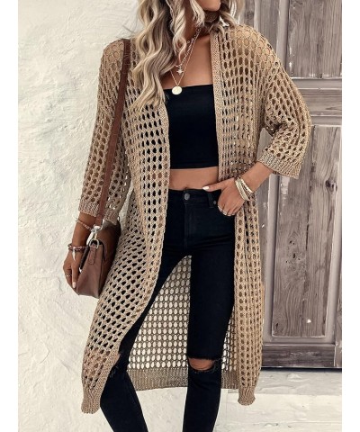 Women's Hollow Out 3/4 Sleeve Open Front Knit Cardigan Long Kimono Khaki $16.81 Sweaters