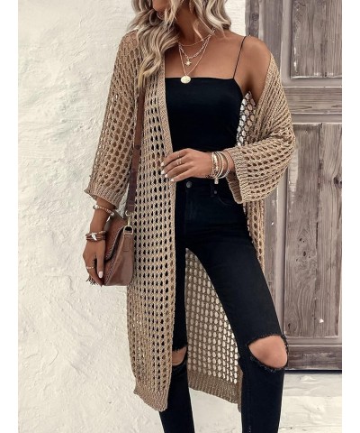 Women's Hollow Out 3/4 Sleeve Open Front Knit Cardigan Long Kimono Khaki $16.81 Sweaters