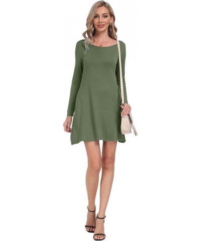 Women's Long Sleeve Pockets Casual Loose T-Shirt Dresses Army Green $17.67 Dresses