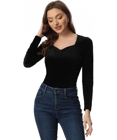 Velvet Tops for Women's Long Sleeves Sweetheart Neck Blouse Black $16.77 Blouses