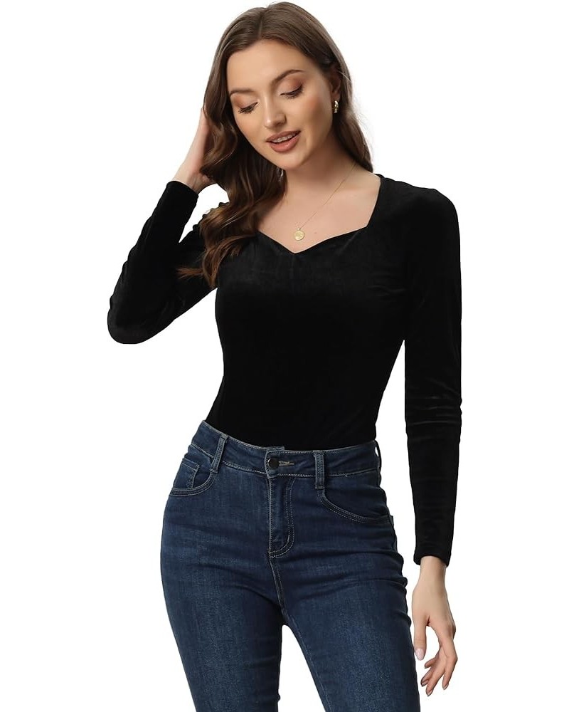 Velvet Tops for Women's Long Sleeves Sweetheart Neck Blouse Black $16.77 Blouses