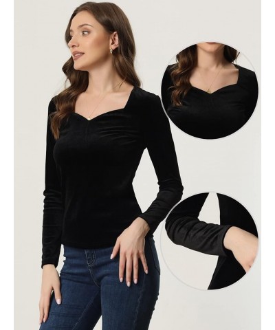 Velvet Tops for Women's Long Sleeves Sweetheart Neck Blouse Black $16.77 Blouses