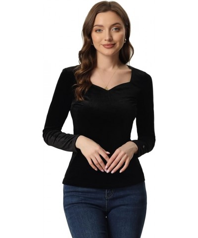 Velvet Tops for Women's Long Sleeves Sweetheart Neck Blouse Black $16.77 Blouses