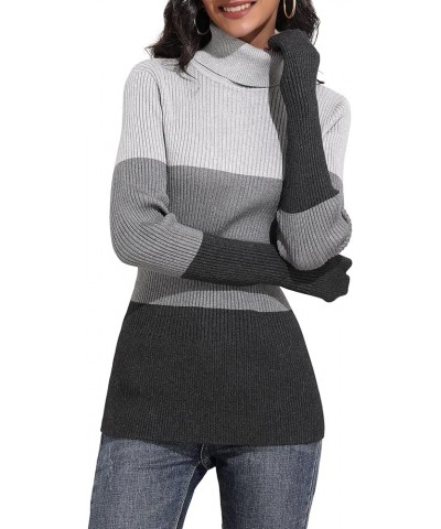 Women's Ribbed Turtleneck Sweater Long Sleeve Knitted Solid Pullover Grey Stripes $18.47 Sweaters