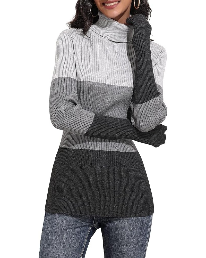 Women's Ribbed Turtleneck Sweater Long Sleeve Knitted Solid Pullover Grey Stripes $18.47 Sweaters