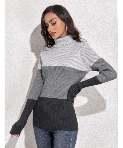 Women's Ribbed Turtleneck Sweater Long Sleeve Knitted Solid Pullover Grey Stripes $18.47 Sweaters