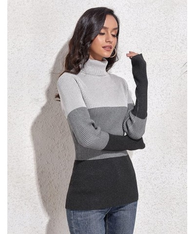 Women's Ribbed Turtleneck Sweater Long Sleeve Knitted Solid Pullover Grey Stripes $18.47 Sweaters