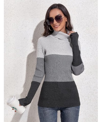 Women's Ribbed Turtleneck Sweater Long Sleeve Knitted Solid Pullover Grey Stripes $18.47 Sweaters