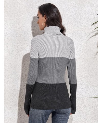 Women's Ribbed Turtleneck Sweater Long Sleeve Knitted Solid Pullover Grey Stripes $18.47 Sweaters