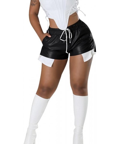 Women Leather Shorts Sexy Pocket Patchwork Side Slit Drawstring Hot Pants Black $11.75 Shorts