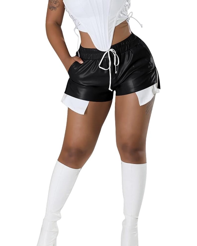 Women Leather Shorts Sexy Pocket Patchwork Side Slit Drawstring Hot Pants Black $11.75 Shorts